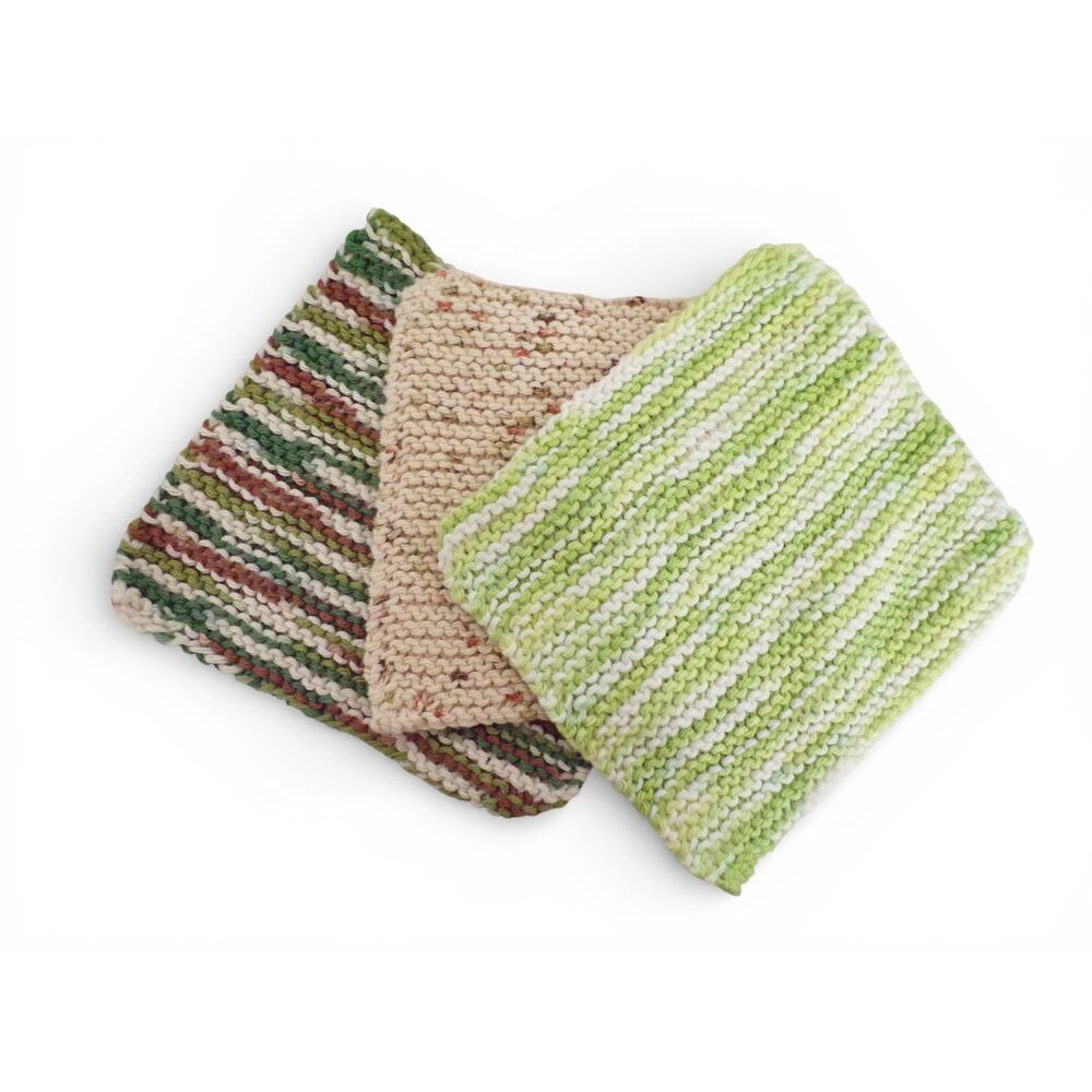 (3) Handmade Knitted Dishcloths Washcloths 100% Cotton Browns and Greens